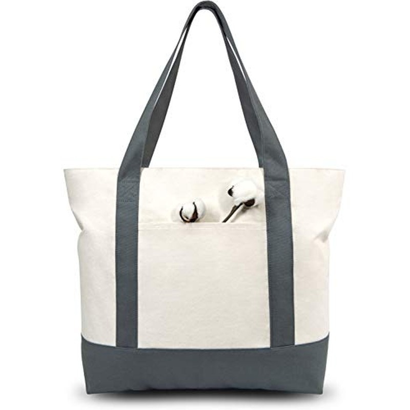 1-Pack Canvas Tote Bag with an External Pocket, Reusable Grocery Shopping Bag, Top Zipper