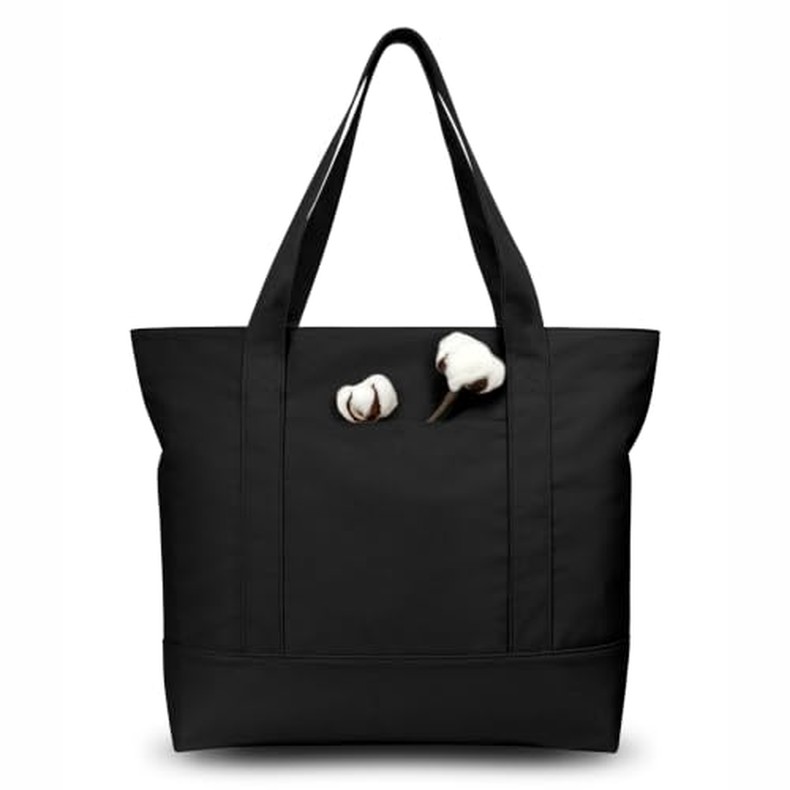 1-Pack Canvas Tote Bag with an External Pocket, Reusable Grocery Shopping Bag, Top Zipper