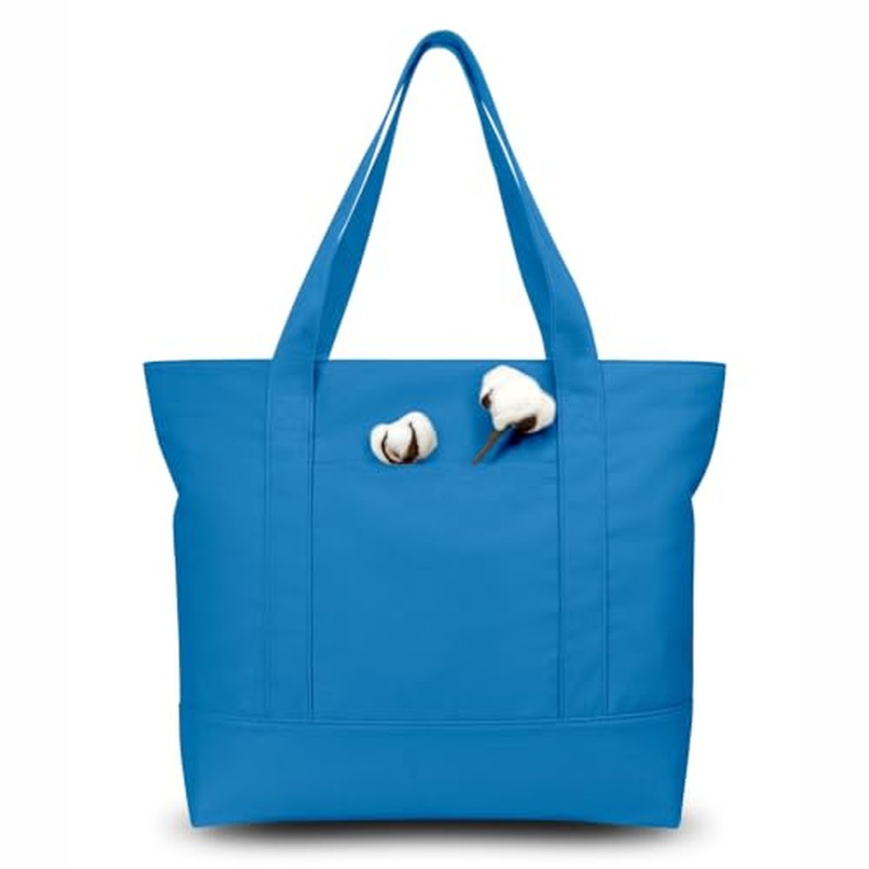 1-Pack Canvas Tote Bag with an External Pocket, Reusable Grocery Shopping Bag, Top Zipper