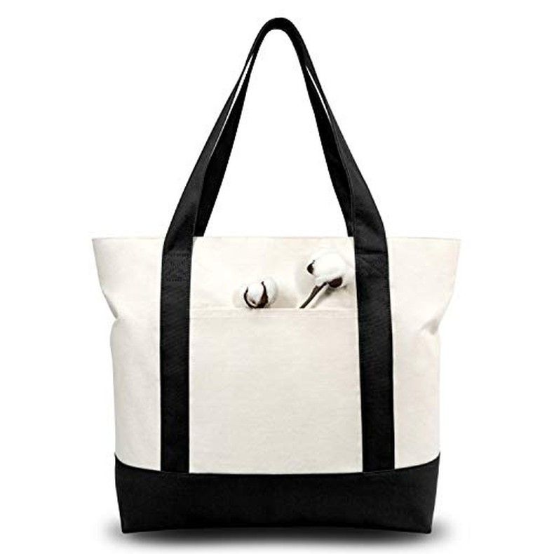 1-Pack Canvas Tote Bag with an External Pocket, Reusable Grocery Shopping Bag, Top Zipper (1)