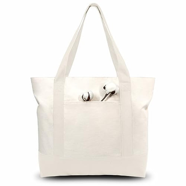 1-Pack Canvas Tote Bag with an External Pocket, Reusable Grocery Shopping Bag, Top Zipper (1)