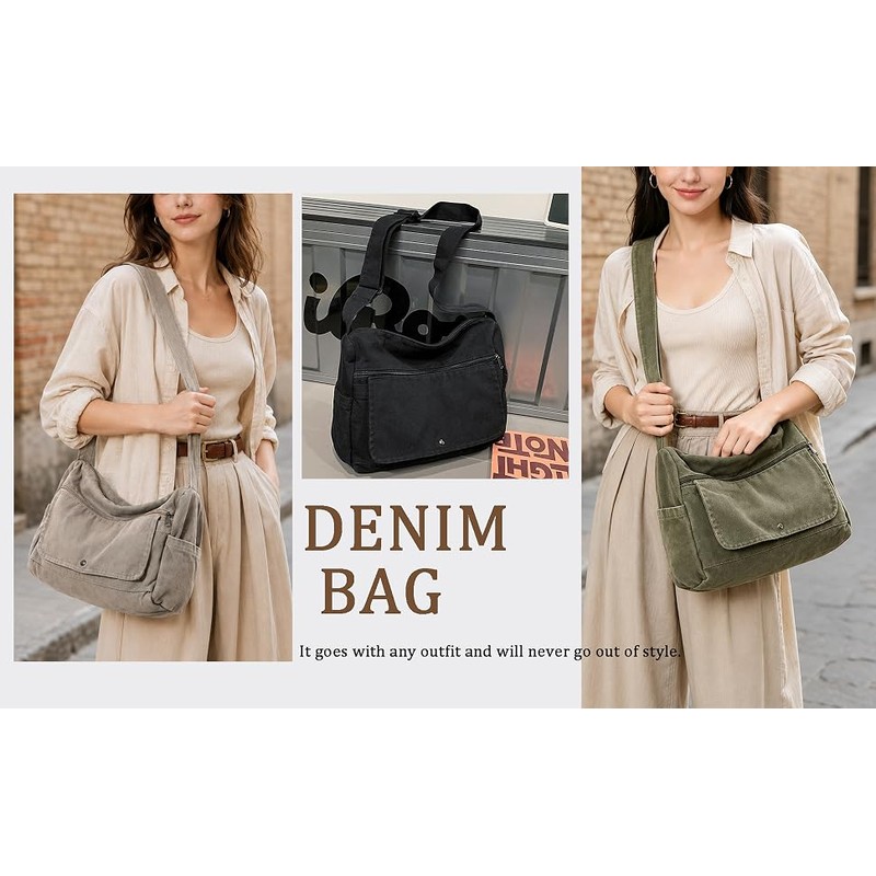 Canvas Multiple Pockets Messenger Bag Casual Satchel Crossbody Shoulder Purse Hobo Tote Handbag