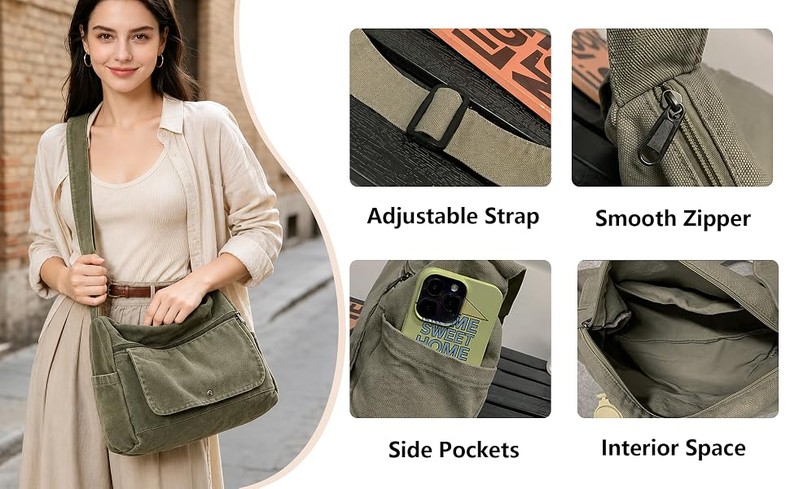 Canvas Multiple Pockets Messenger Bag Casual Satchel Crossbody Shoulder Purse Hobo Tote Handbag detail