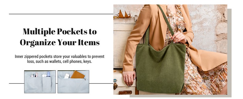 Corduroy Tote Bag for Women,Hobo HandBags with Zipper detail