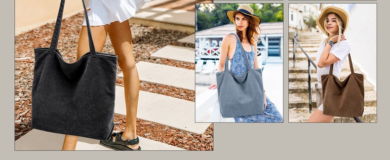 Corduroy Tote Bag for Women,Hobo HandBags with Zipper detail