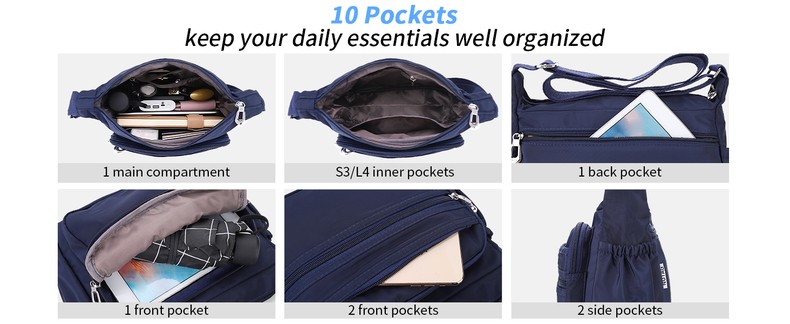 Crossbody Bag for Women Waterproof Shoulder Bag Multi Pockets Nylon Purse detail