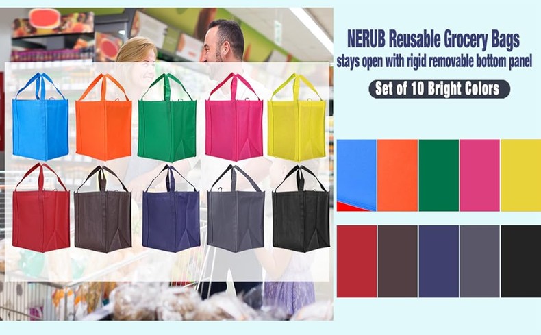 NERUB Set of 10 Reusable Grocery Bags Heavy Duty Shopping Bags Large Grocery Totes with Reinforced B detail