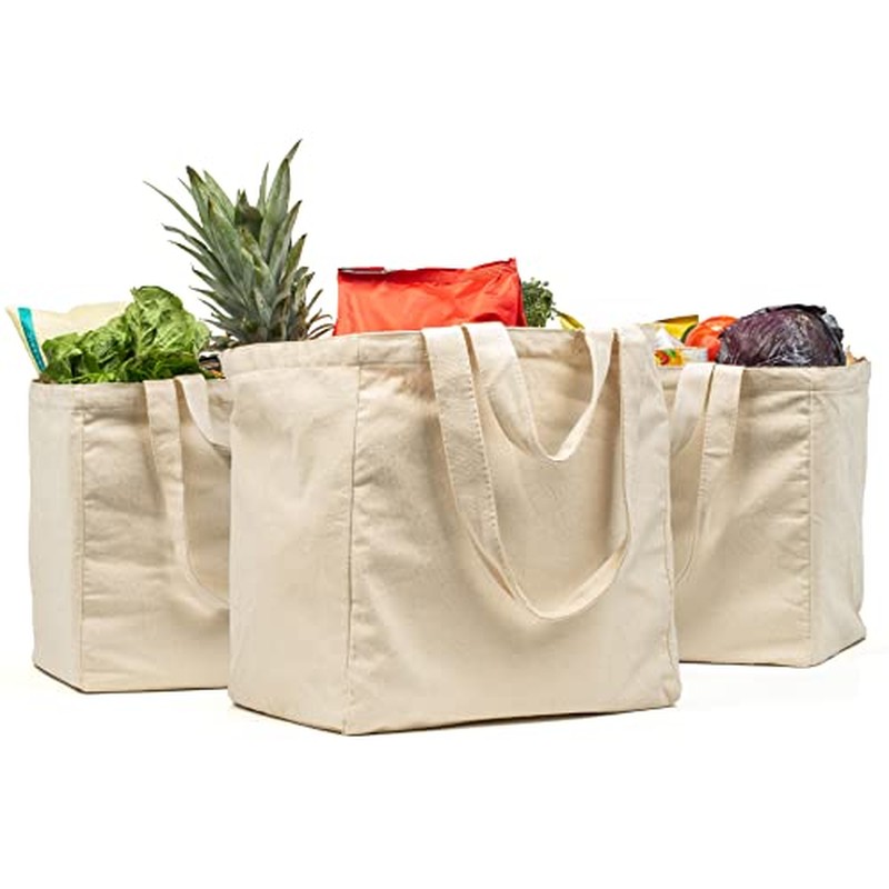 VeraMia Canvas Grocery Bag 3pc XL Set with Real Pockets, Lon