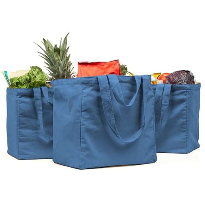 VeraMia Canvas Grocery Bag 3pc XL Set with Real Pockets, Long Should. Heavy Duty, Foldable, Washable
