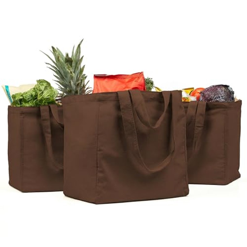 VeraMia Canvas Grocery Bag 3pc XL Set with Real Pockets, Long Should. Heavy Duty, Foldable, Washable