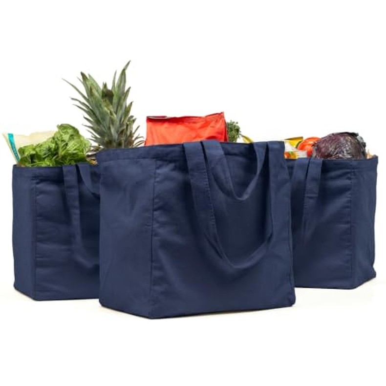 VeraMia Canvas Grocery Bag 3pc XL Set with Real Pockets, Long Should. Heavy Duty, Foldable, Washable detail