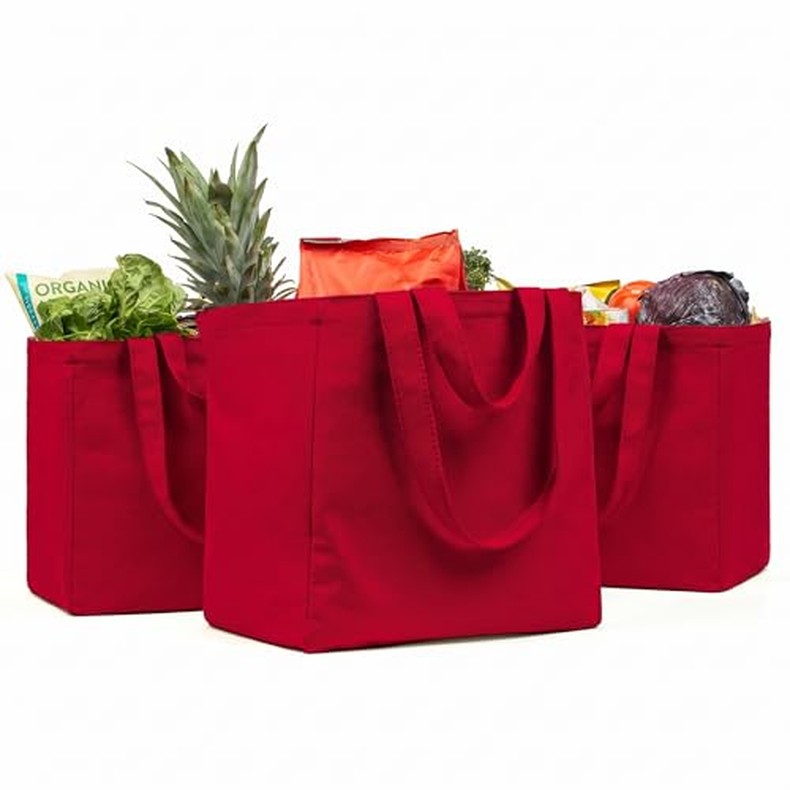 VeraMia Canvas Grocery Bag 3pc XL Set with Real Pockets, Long Should. Heavy Duty, Foldable, Washable detail