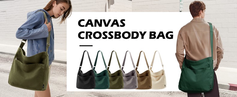Canvas Tote Bag Zipper Large Crossbody Shoulder Bag Messenger Bag