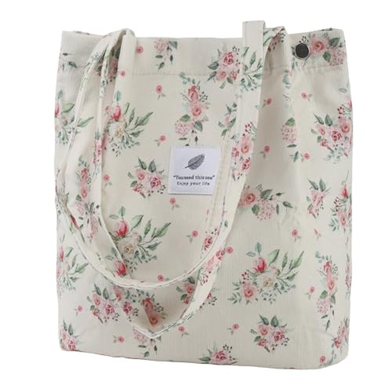 Corduroy Tote Bag, Work Shoulder Purse with Snap for Women